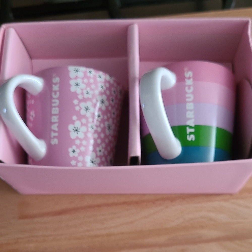 Starbucks Pink Dogwood Floral and Striped Mug 3oz Espresso Demitassi Duo